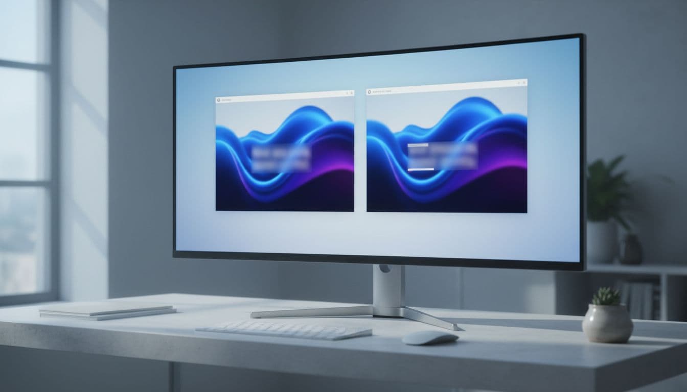 A 4K monitor on a modern desk showing sharp and blurry text side by side in Windows display settings