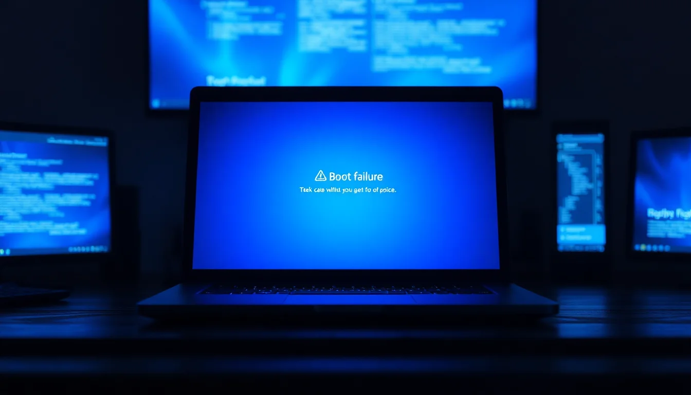 Windows laptop on a dark desk displaying a blue screen Boot Configuration Data missing error code 0xc0000034 in a dimly lit home office