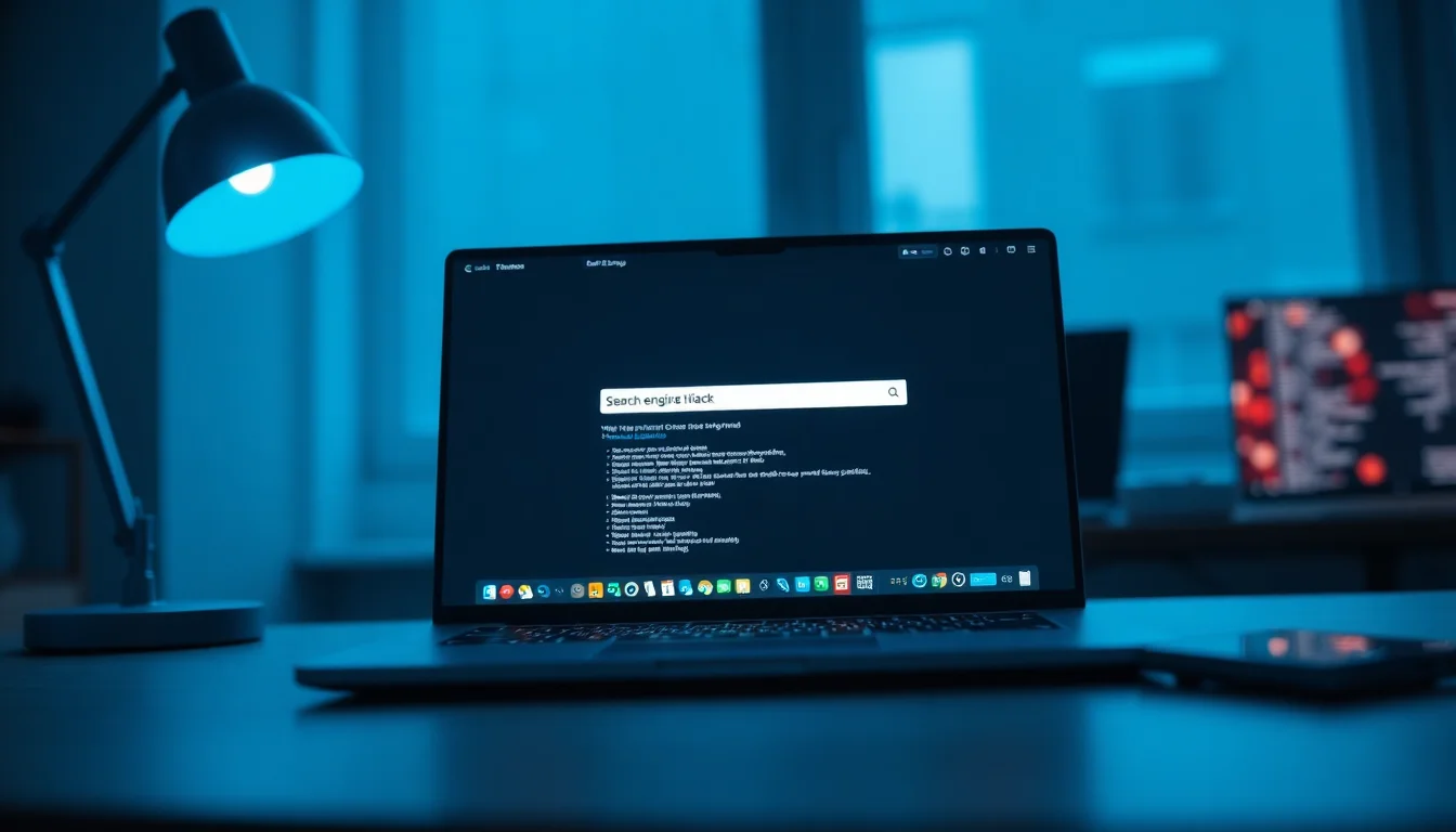 Laptop screen showing Chrome browser with hijacked search engine page, clean white desk with blue task lamp lighting from left, bright focused professional atmosphere