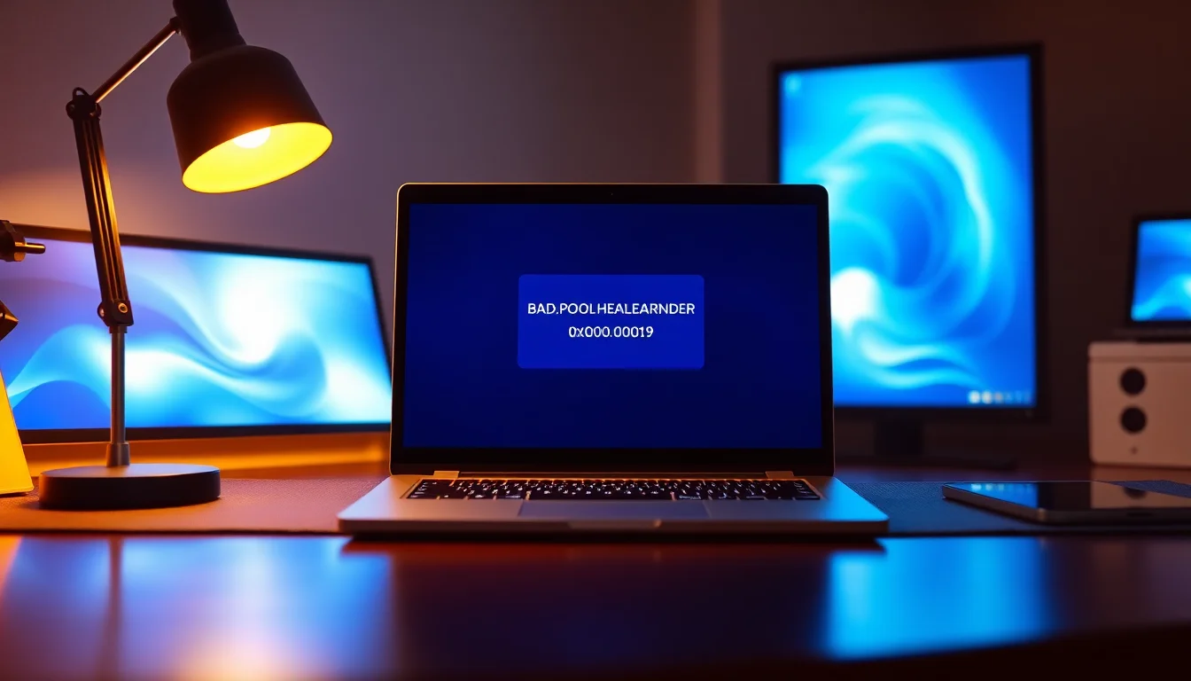 Windows 10 laptop displaying BAD_POOL_HEADER blue screen error with 0x00000019 code on desk with diagnostic tools visible