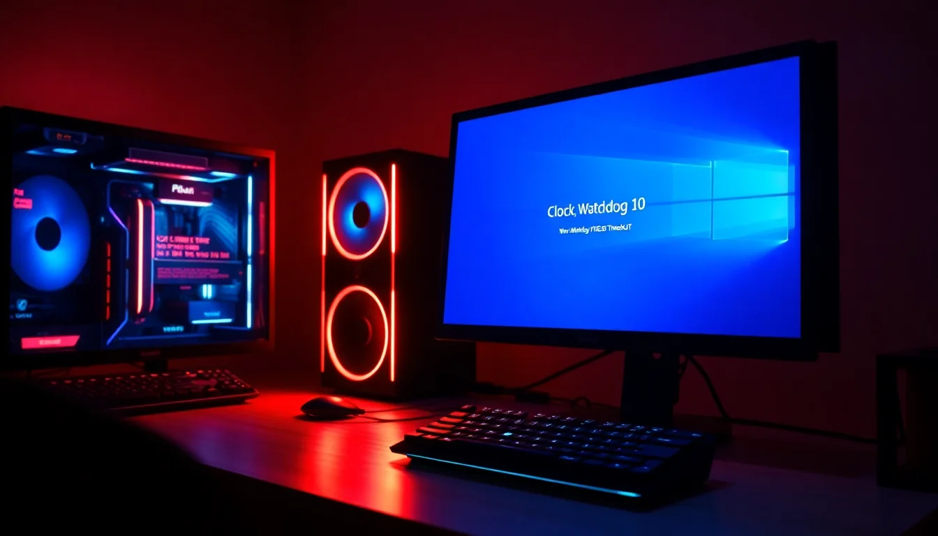 Windows 10 blue screen of death displaying CLOCK_WATCHDOG_TIMEOUT error code on a gaming desktop with RGB lighting, harsh red warning glow from screen, dramatic technical atmosphere