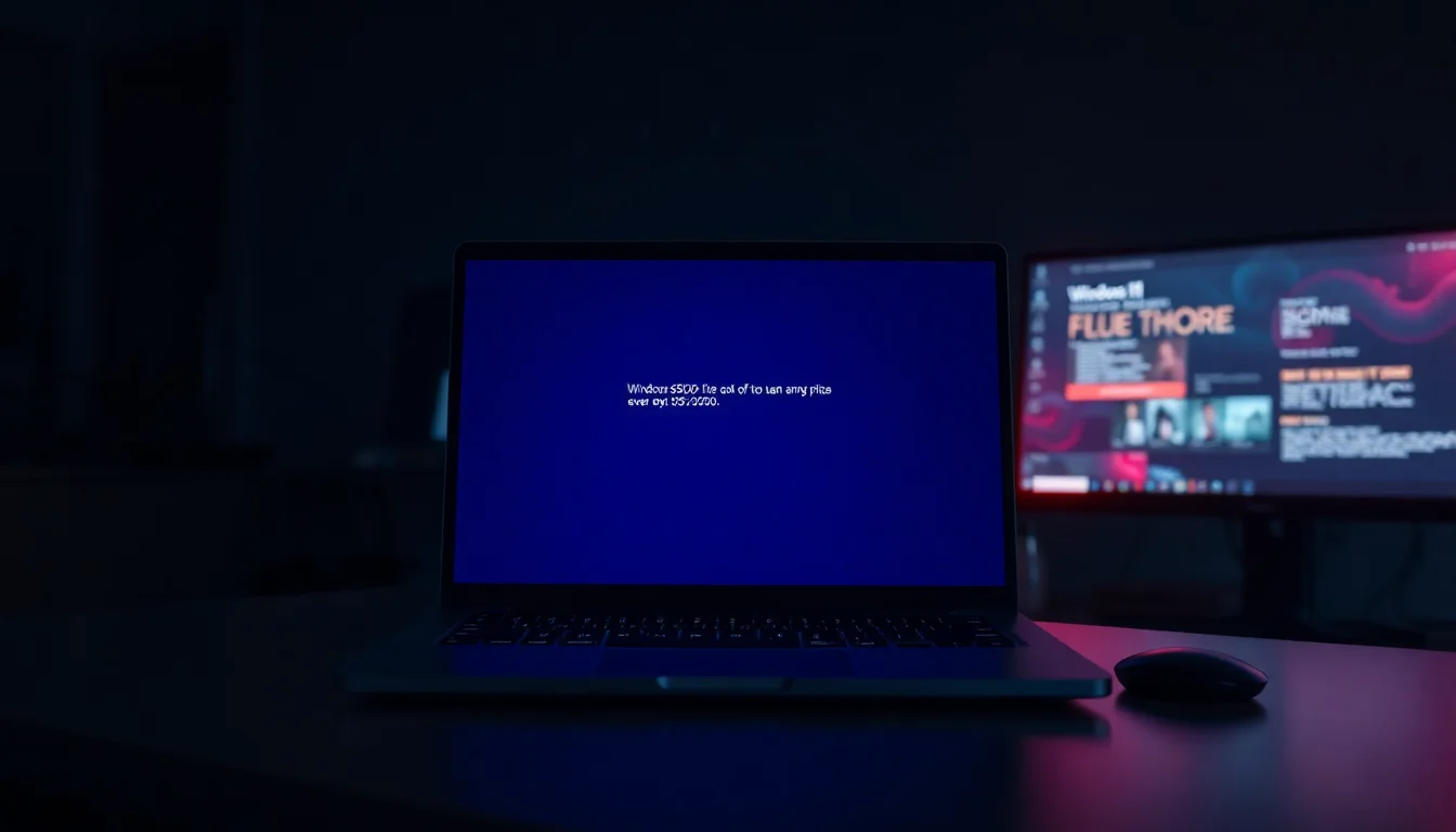 Windows 11 laptop displaying blue screen of death with DRIVER_VERIFIER_DETECTED_VIOLATION error code, modern desk setup with monitor and keyboard, harsh red emergency lighting from screen, dark dramatic atmosphere