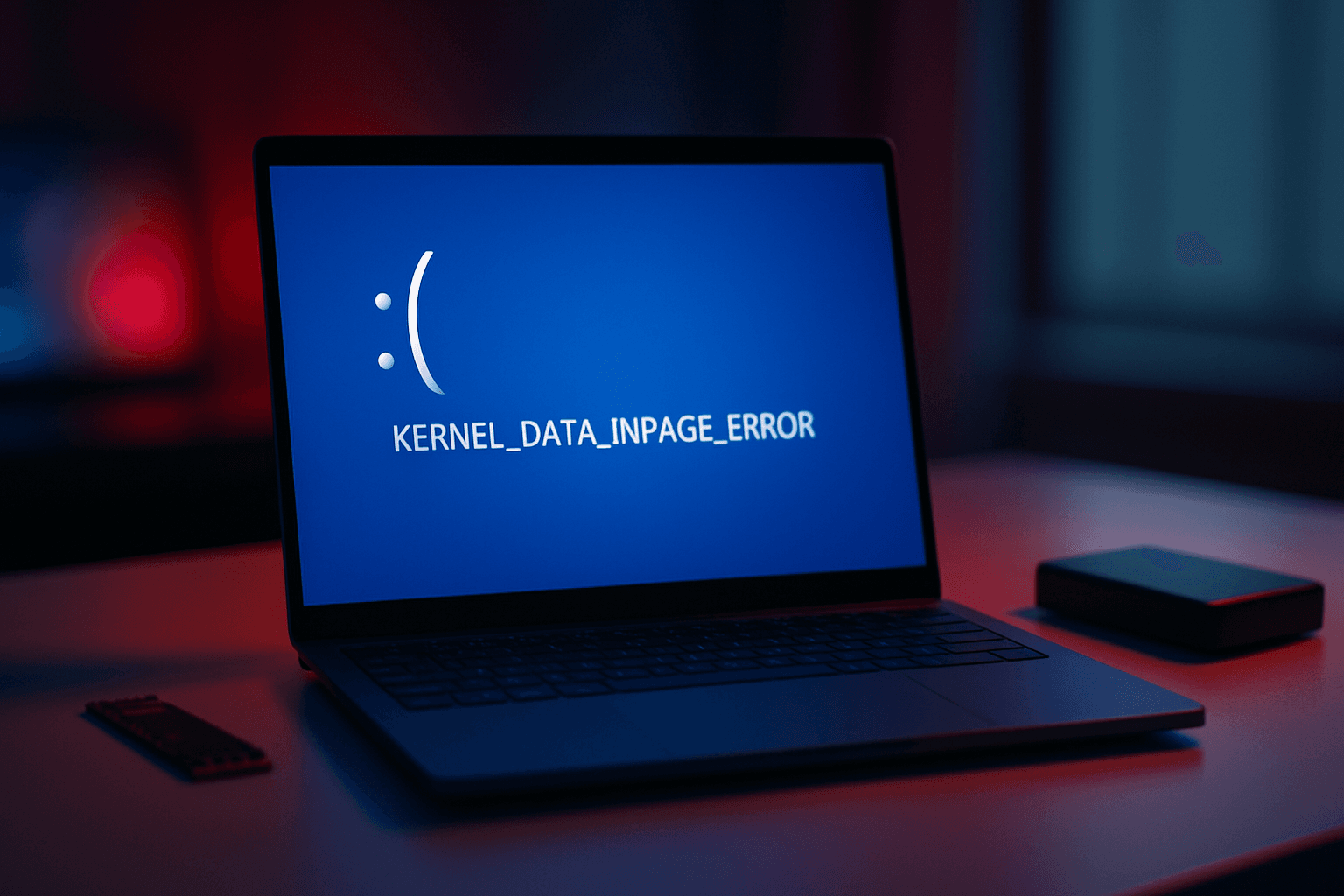 Windows 11 laptop displaying KERNEL_DATA_INPAGE_ERROR blue screen on modern desk with external SSD nearby, dramatic red-blue error lighting from screen, focused technical atmosphere