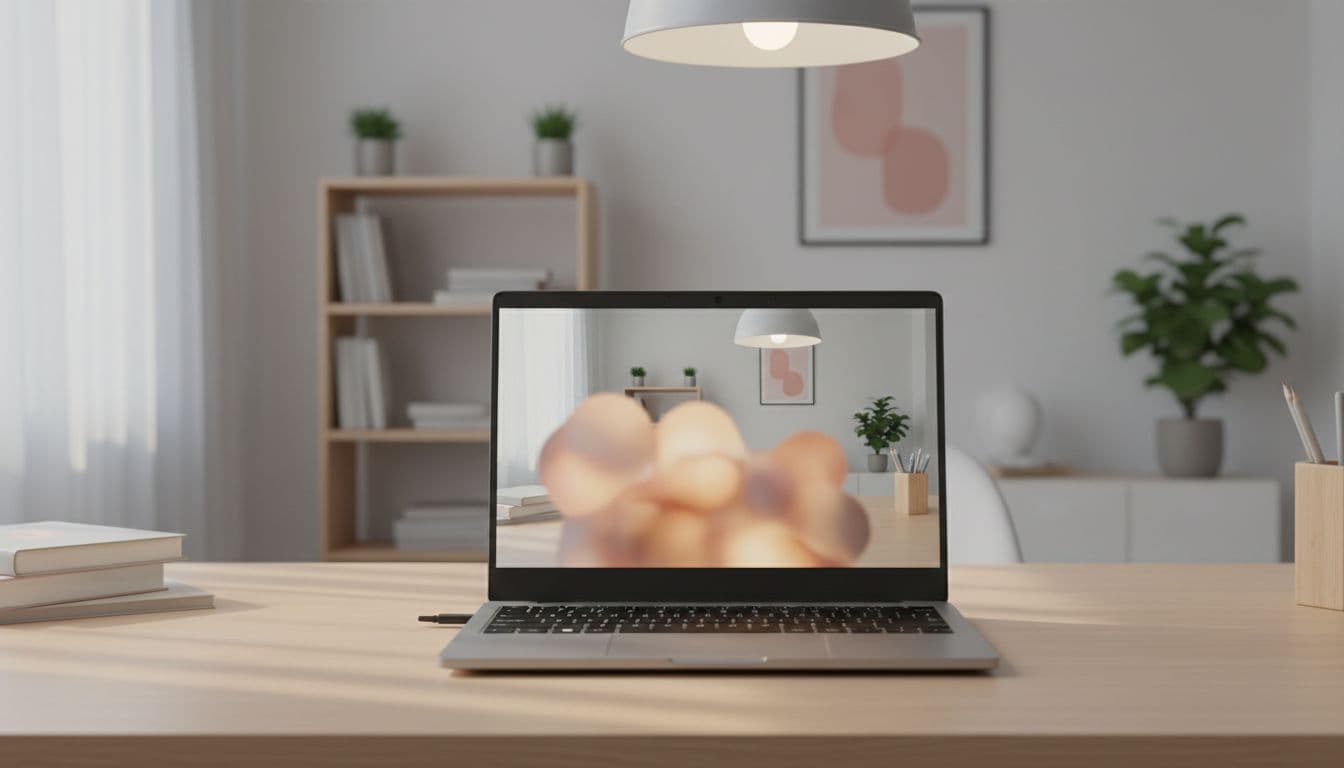 Laptop webcam on a desk showing blurry foreground face and sharp background wall in Photo Booth app
