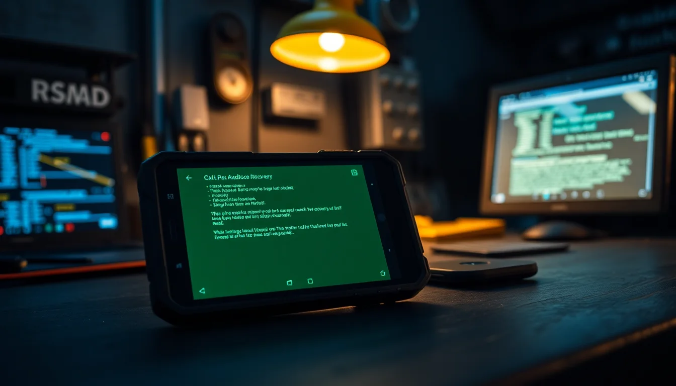 CAT S22 Flip rugged smartphone on a slate workbench showing Android recovery menu screen with wipe data option highlighted