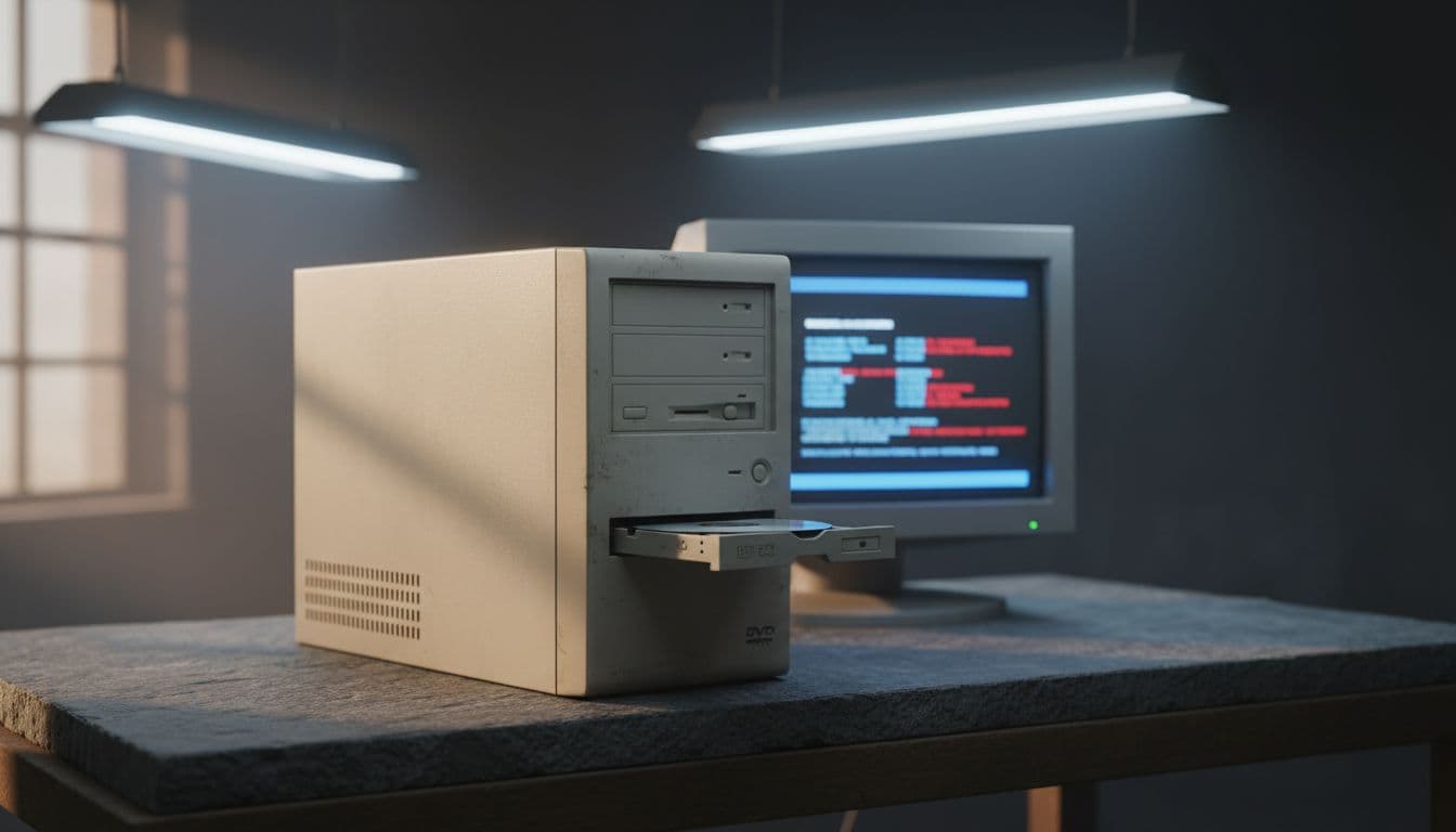 An old desktop PC tower on a cluttered workbench with a Windows installation disc in the open optical drive tray showing a CDBOOT error on the monitor screen