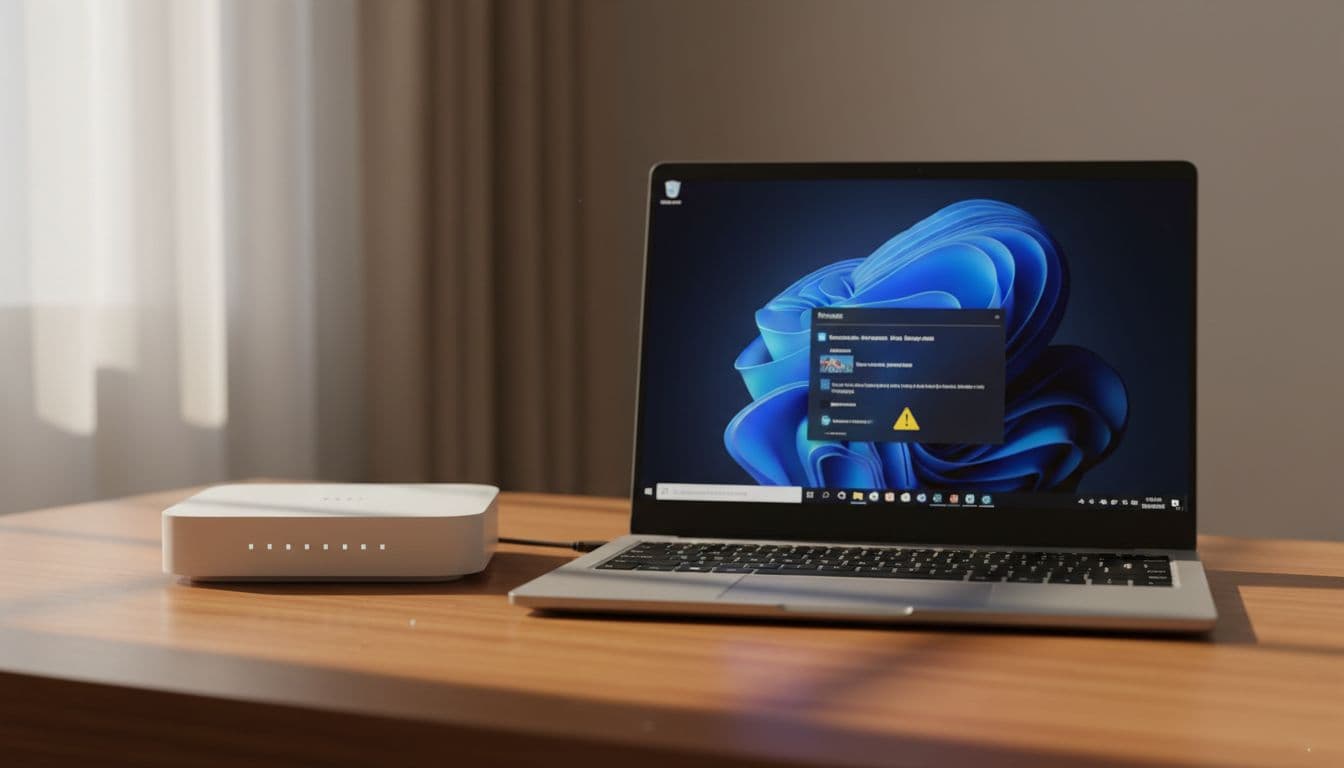 A home WiFi router on a wooden desk with a laptop showing a connected but no internet warning on Windows 11