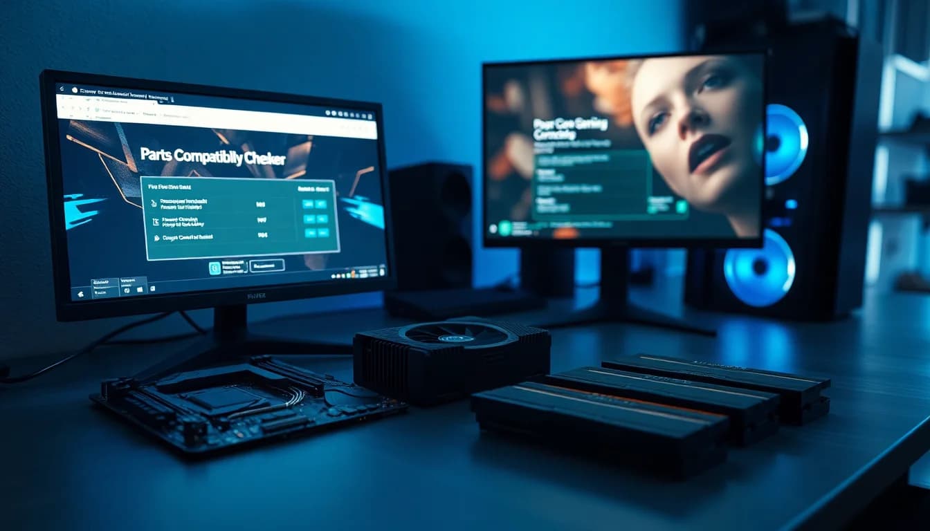 A PC component parts list on a monitor screen surrounded by motherboard, GPU and RAM on a clean workbench showing compatibility check results
