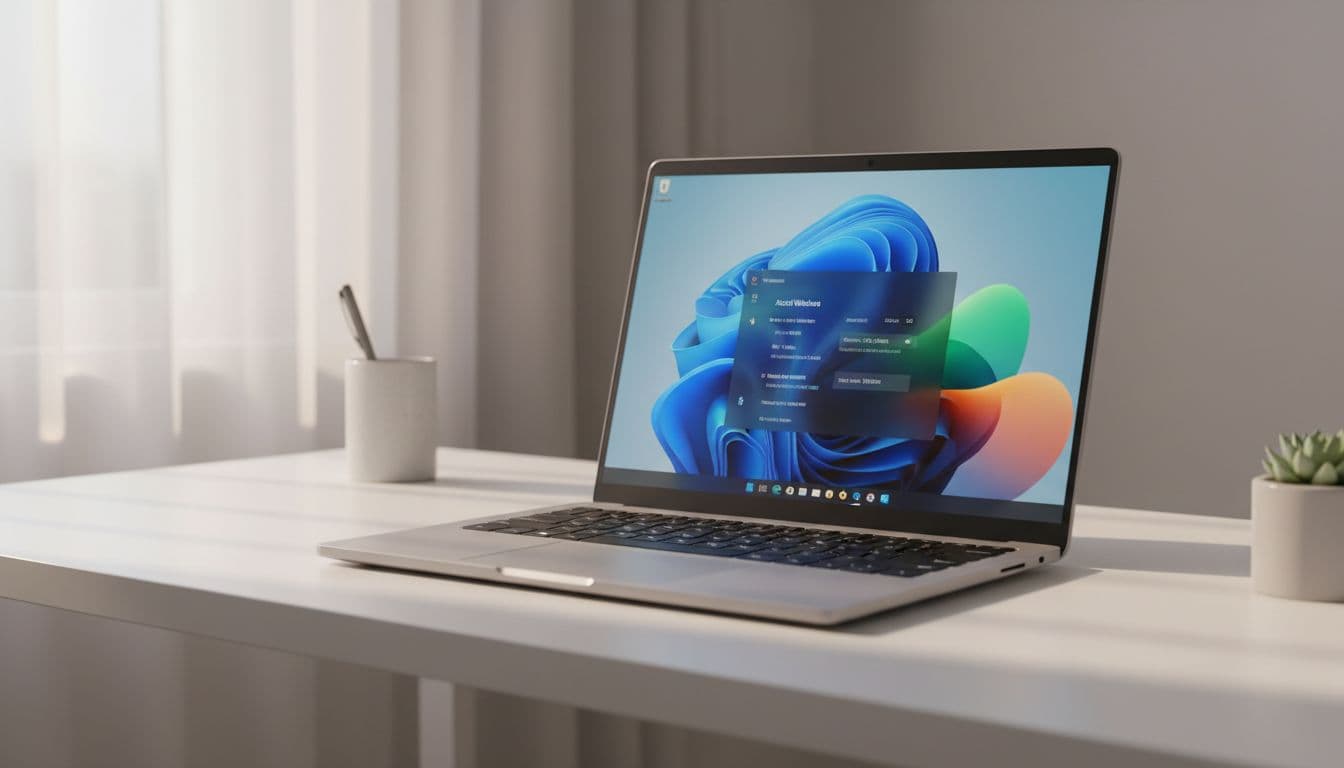 A Windows 11 laptop on a modern desk showing the About Windows winver dialog box with version and build number details