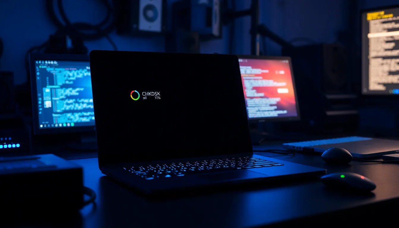 Windows 11 laptop showing CHKDSK scanning progress bar frozen at 11 percent on black boot screen, blue system lights from case vents, technical diagnostic atmosphere