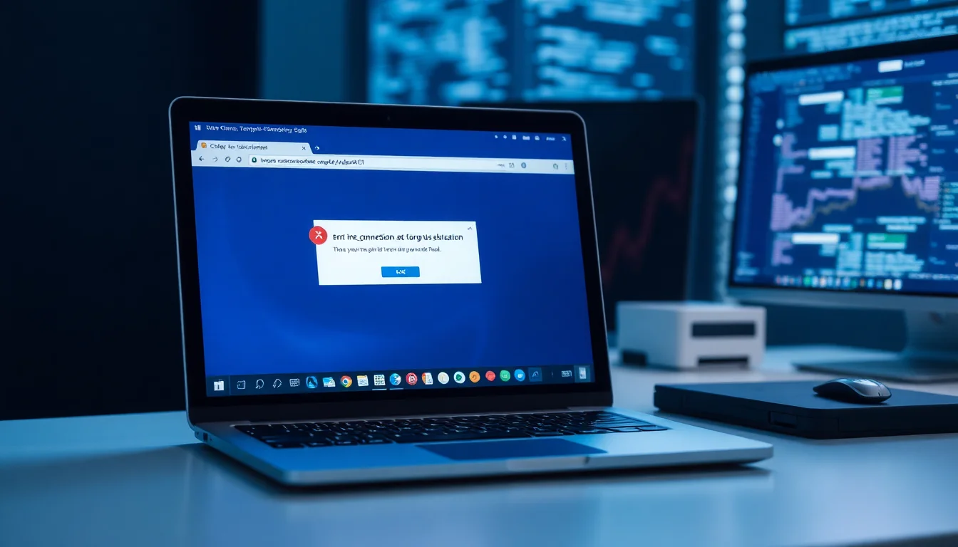 Windows 11 laptop on desk showing Chrome ERR_CONNECTION_RESET error message, cool blue network icons in background, focused diagnostic atmosphere