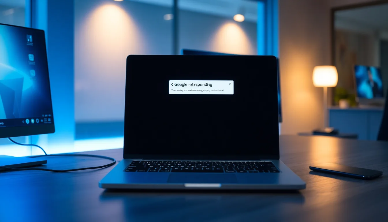 Windows 11 laptop screen showing Google Chrome unresponsive error dialog, cool blue lighting from monitor, frustrated professional workspace atmosphere