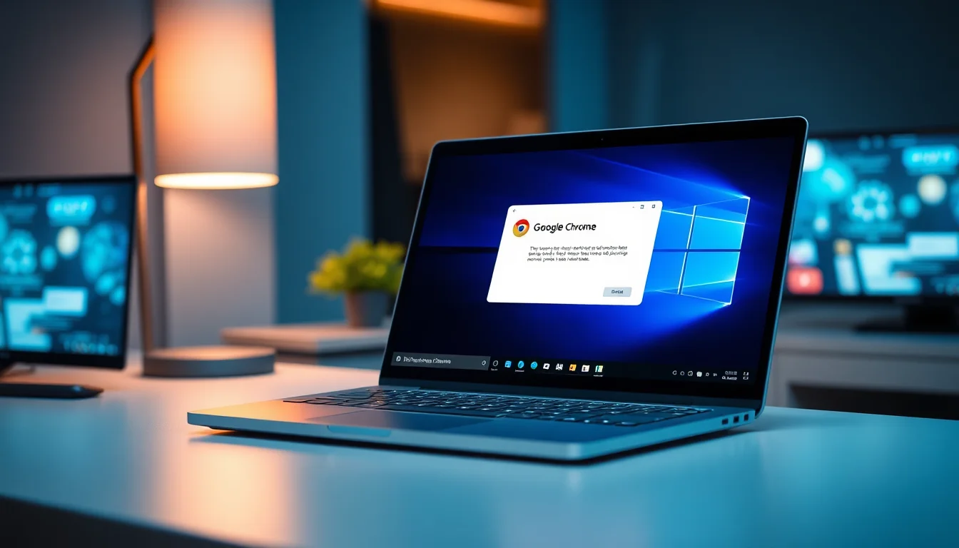 Windows laptop showing Chrome browser with red virus scan failed error message on download popup, desk lamp lighting from side, focused technical atmosphere