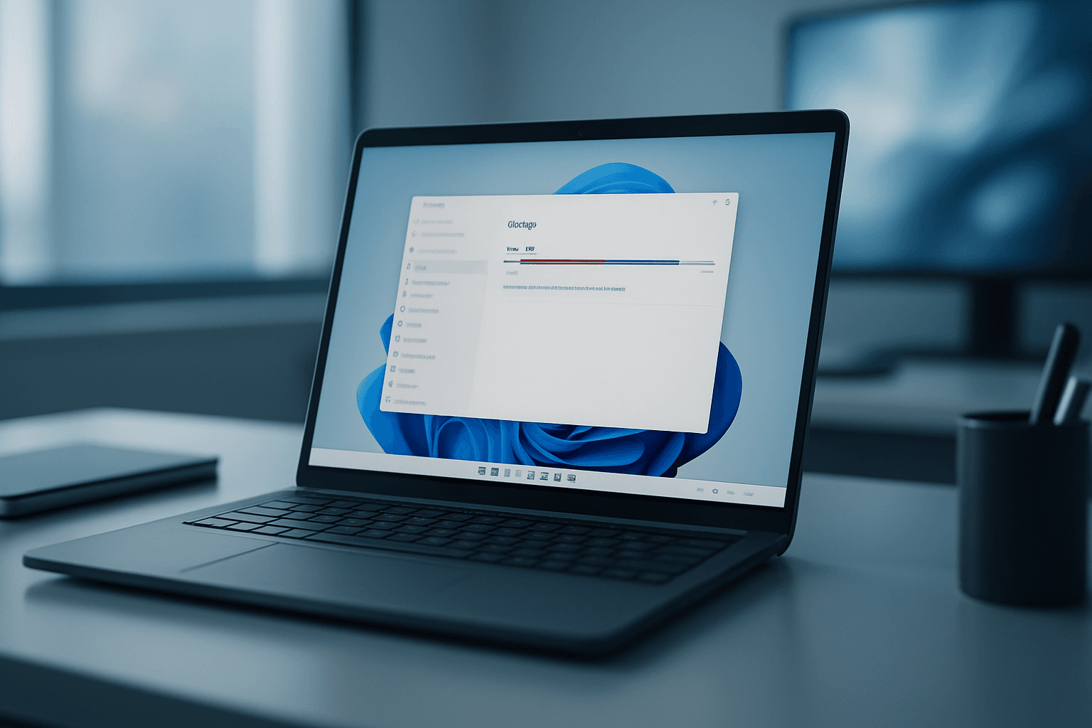 Windows 11 laptop on a modern desk showing a nearly full C drive storage bar in Settings with low disk space warning