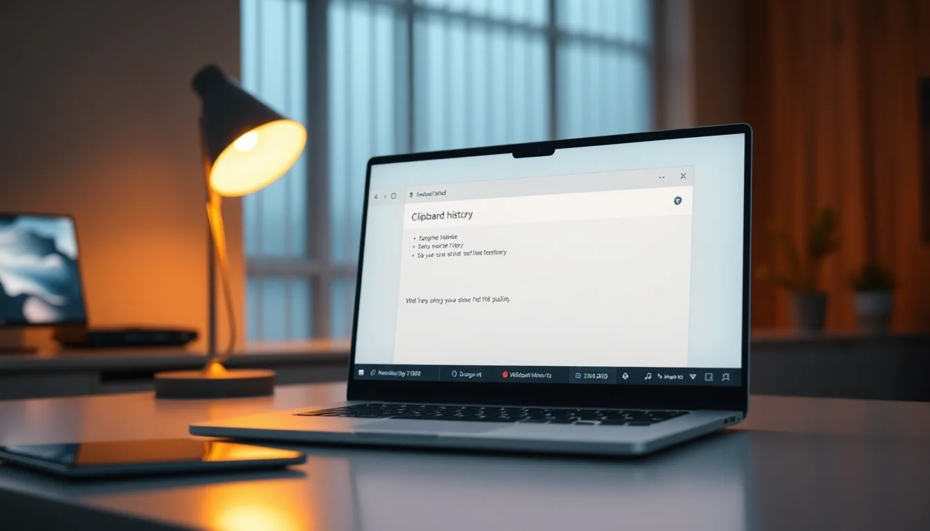 Windows 11 laptop on desk showing clipboard history empty screen with Win V shortcut keys highlighted, soft desk lamp lighting from side, focused troubleshooting atmosphere