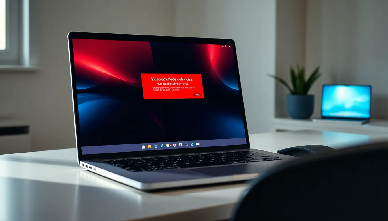 Windows laptop on a desk showing ClipGrab software open with a download failed error message on screen