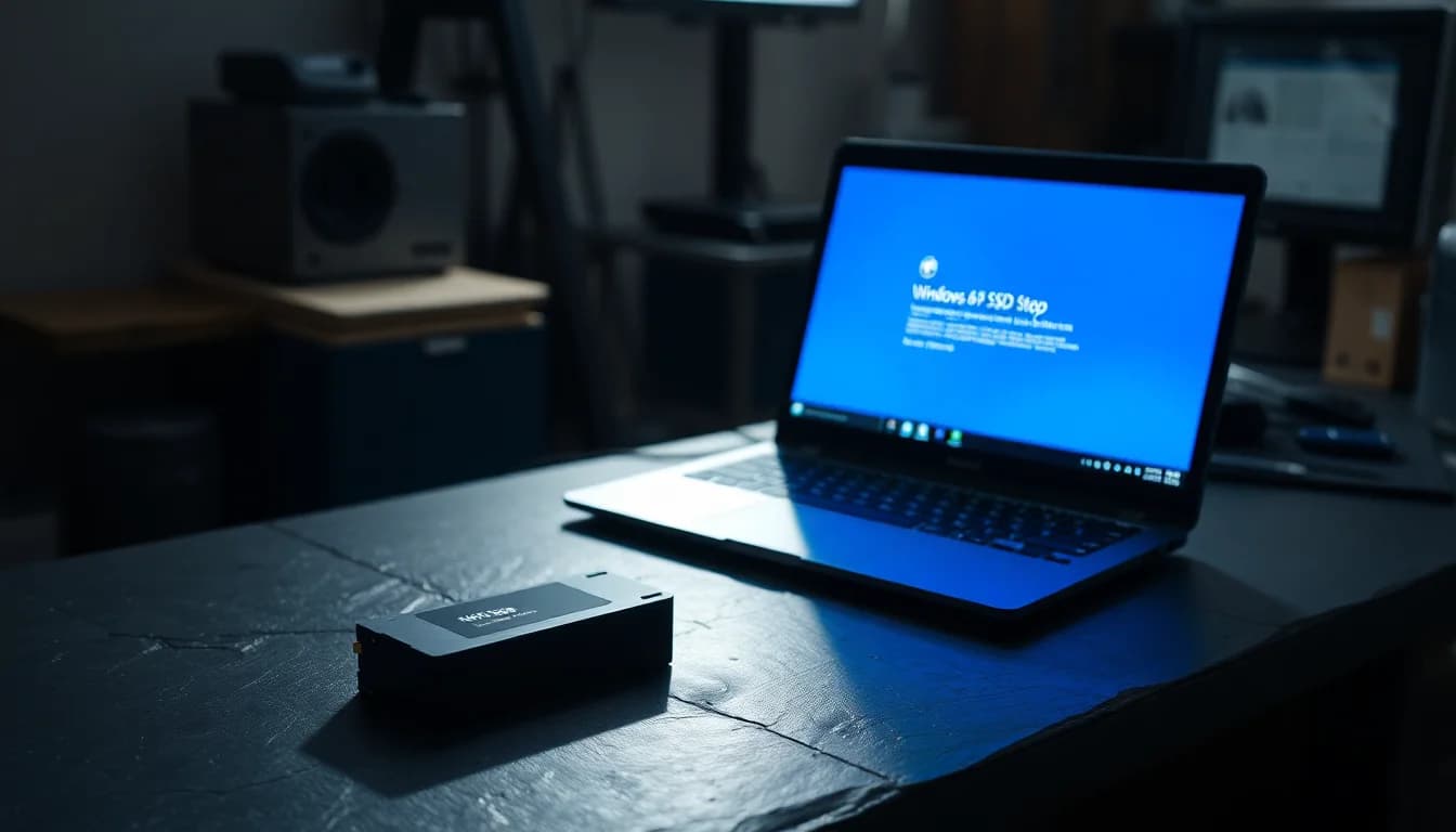 A black NVMe SSD on a slate workbench next to a laptop showing a blue screen stop code error