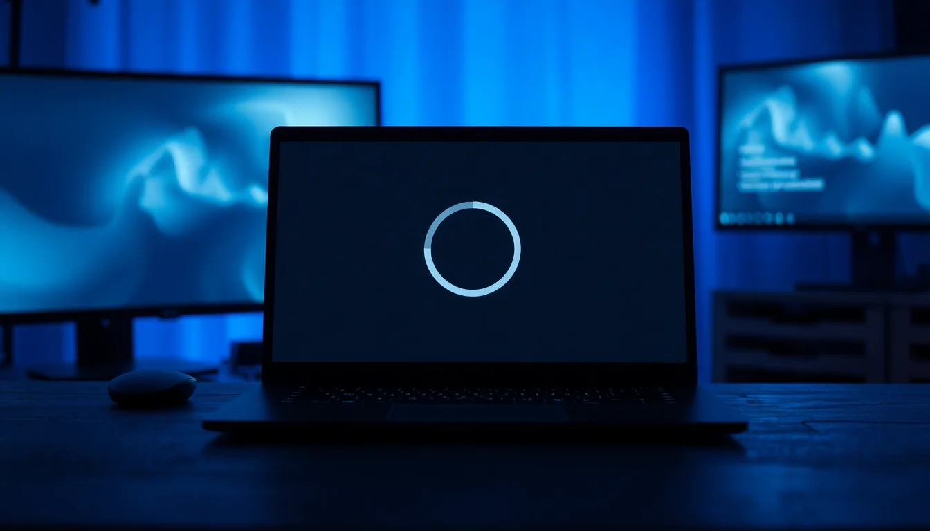 Windows 11 laptop on a dark desk showing ChatGPT Codex error screen with a frozen loading spinner and no app window