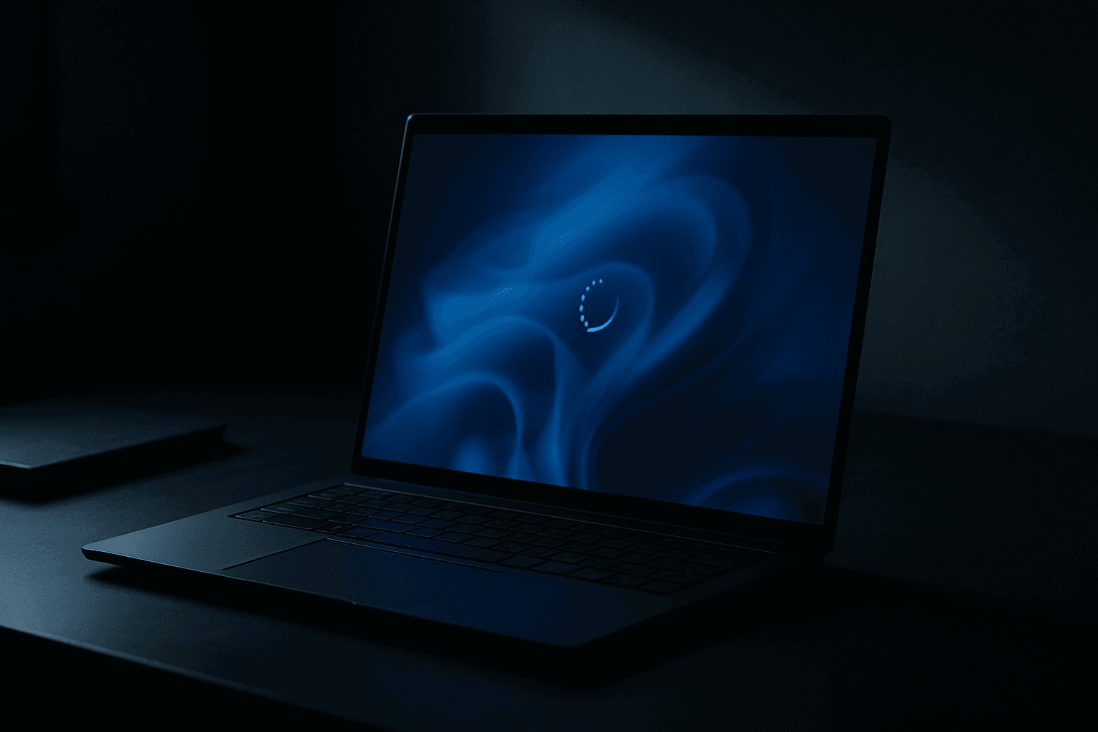 A Windows laptop on a dark desk showing a failed update screen with a spinning loading icon and blue error overlay