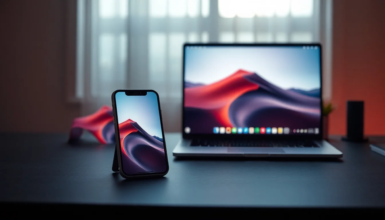 iPhone screen being mirrored onto a Windows 11 laptop on a modern office desk showing a mirroring app interface