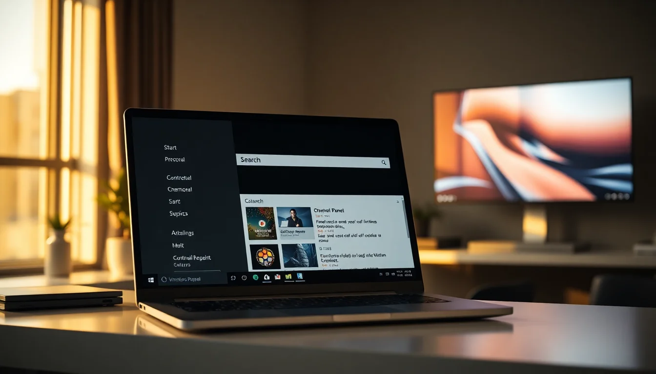 Windows 11 desktop showing Start menu with Control Panel search result highlighted, clean modern desk setup, soft blue window lighting from left, professional focused atmosphere