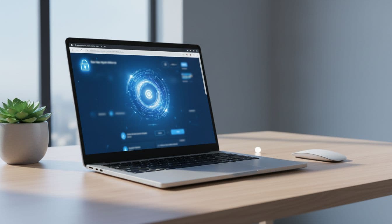 A Windows 11 laptop on a desk displaying a file conversion website with a browser security warning overlay
