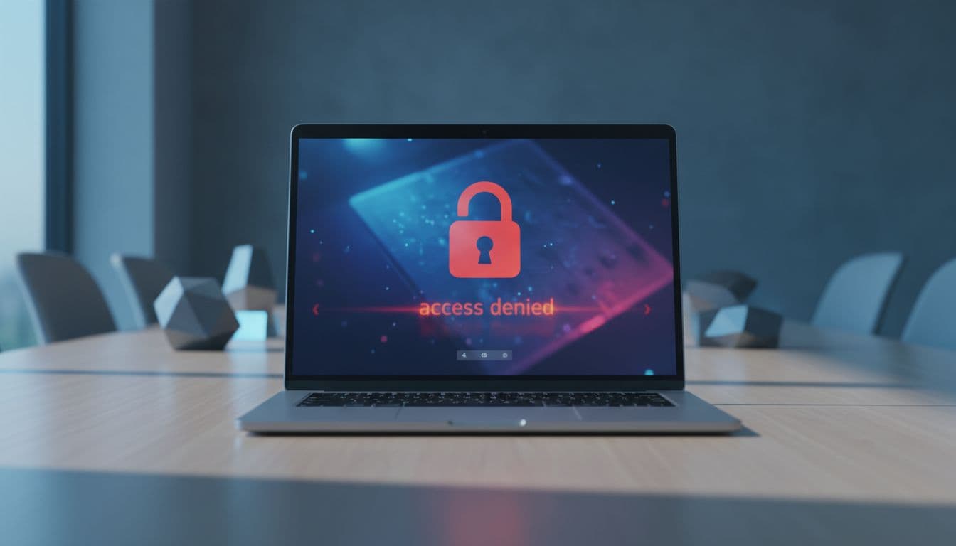 A corporate Linux laptop on a clean office desk showing a locked padlock login screen with a red access denied prompt