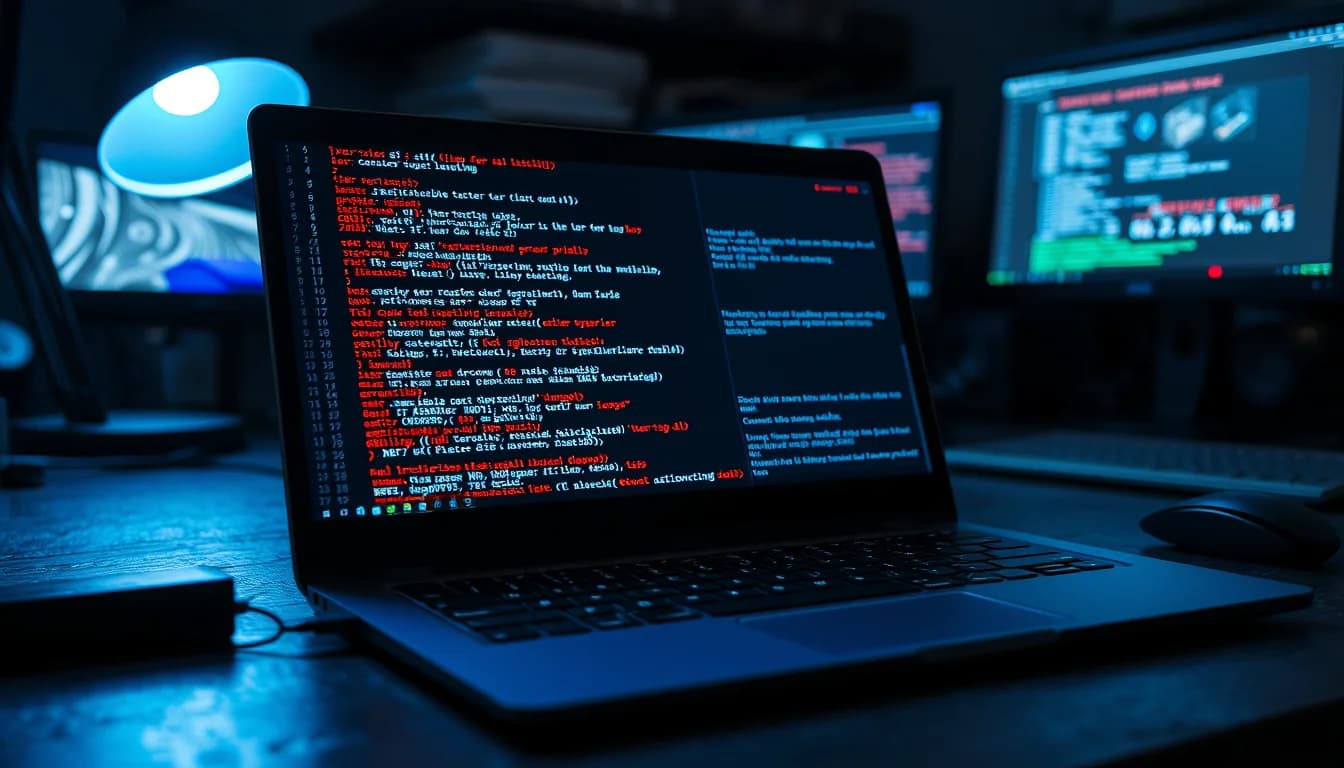 A Windows laptop on a dark desk showing a hex editor with MJPEG binary data and corrupted video frame markers highlighted in red