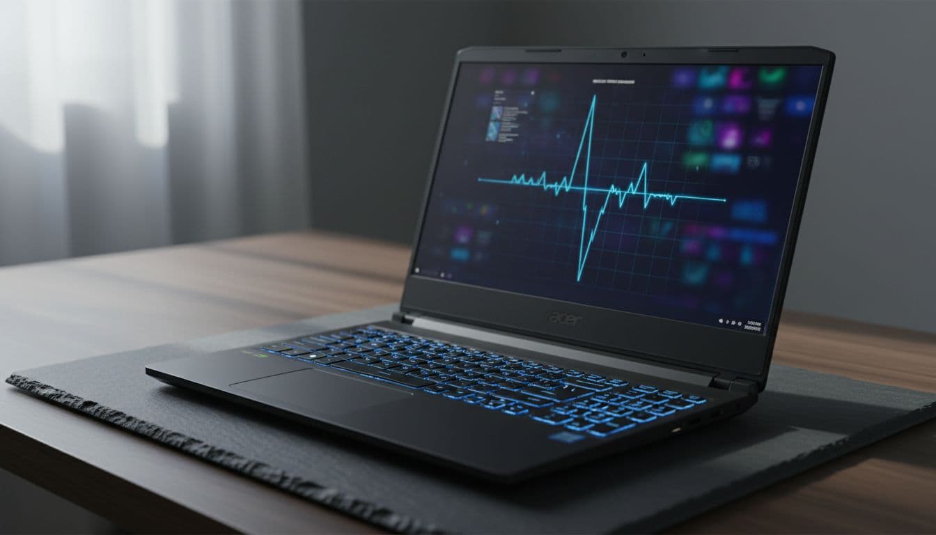 Acer gaming laptop on a dark desk showing CPU frequency drop in Task Manager performance monitor during a game session