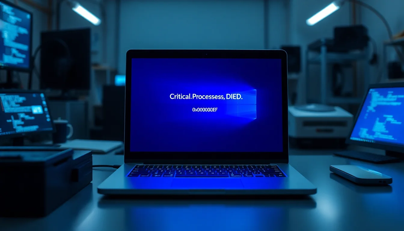 Windows 11 laptop displaying CRITICAL_PROCESS_DIED blue screen error on modern desk with troubleshooting tools, cool blue emergency lighting casting dramatic shadows, urgent technical atmosphere