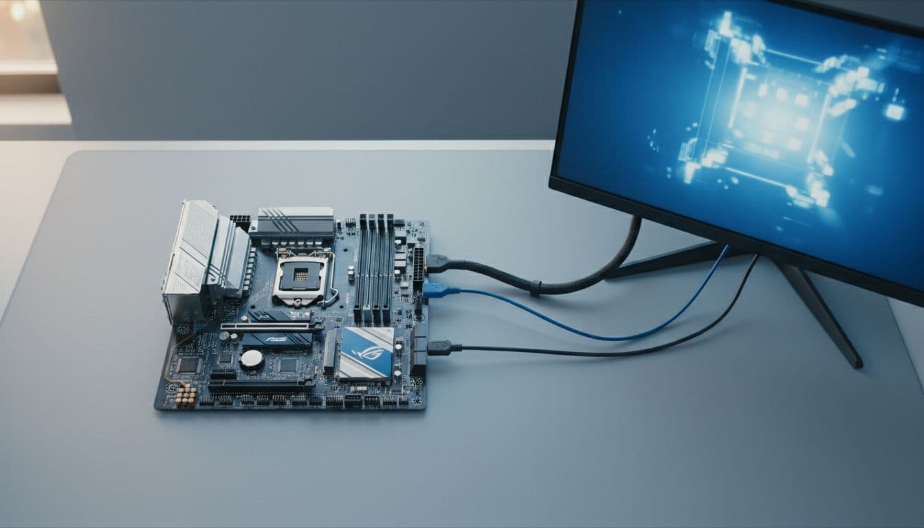 ASUS Crosshair VIII Dark Hero motherboard on a workbench with USB devices connected showing disconnection error on a nearby monitor
