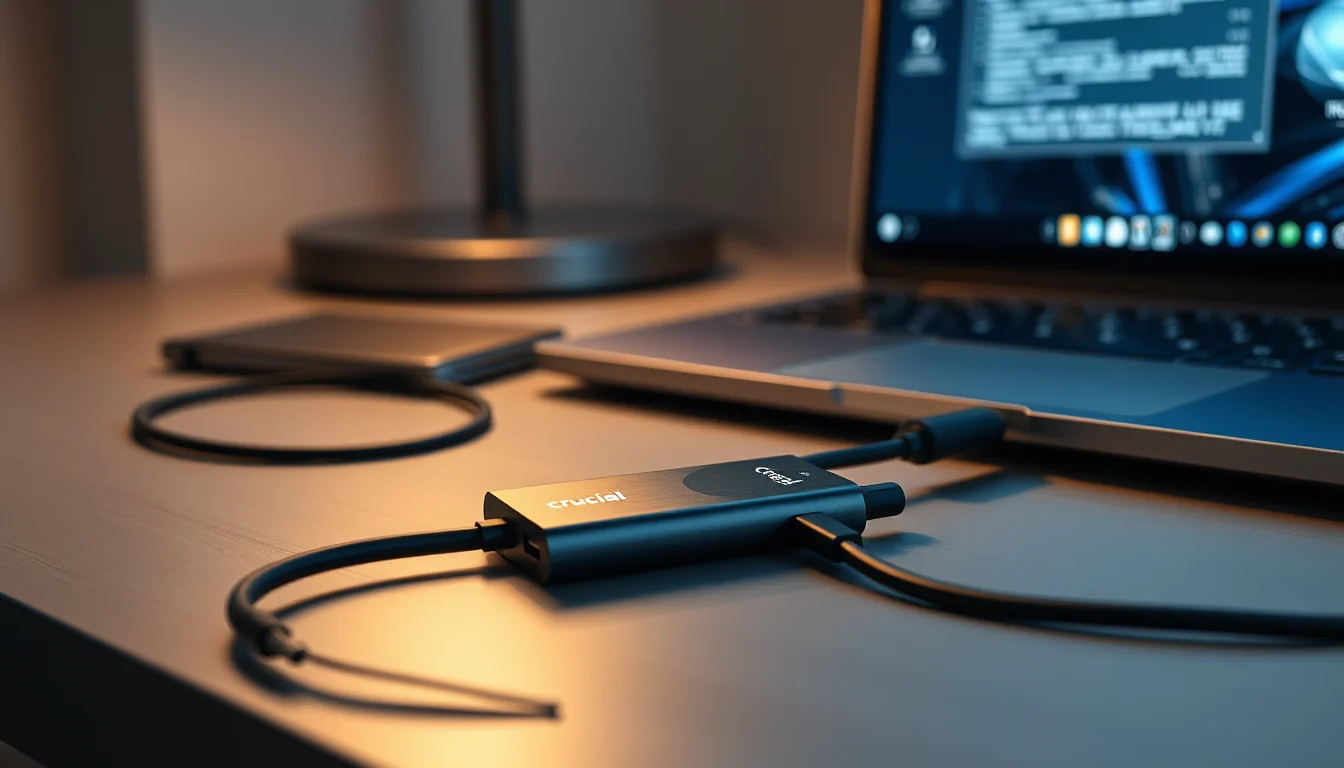 Crucial X10 Pro portable SSD connected via USB-C cable to a Windows laptop on a modern desk showing connection error