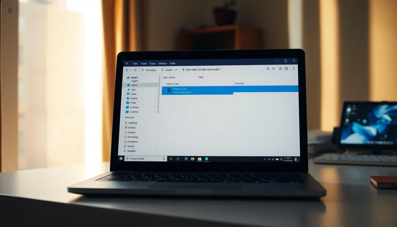 Windows File Explorer showing AppData Local folder with OptGuideOnDeviceModel weights.bin file selected, clean desk workspace with monitors, warm natural lighting from side, focused professional atmosphere