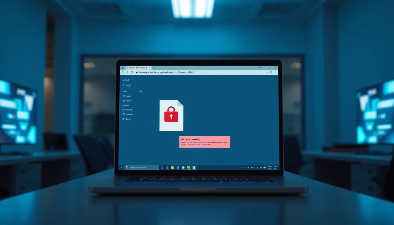 Windows 11 laptop on a desk showing a PDF file with a locked padlock icon and access denied error dialog in File Explorer