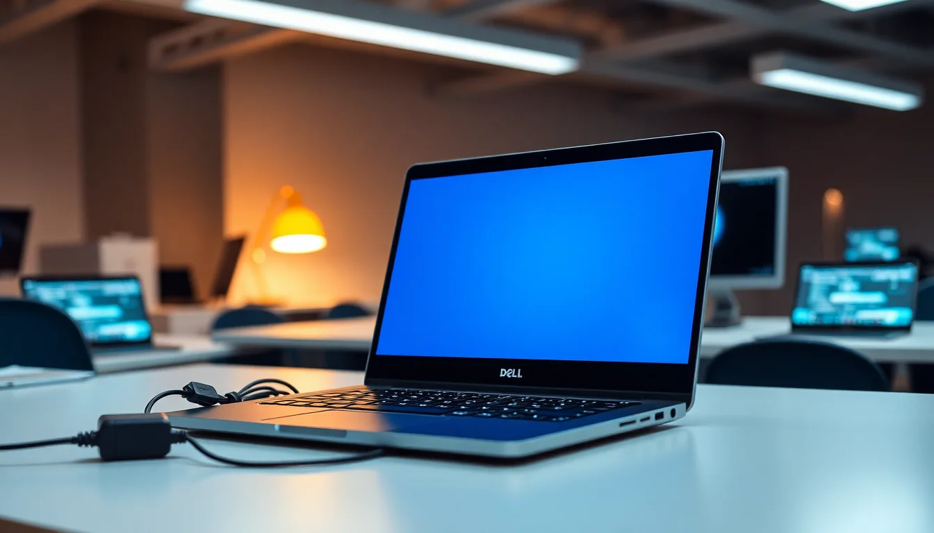 Dell Chromebook 11 3120 displaying blank blue screen on modern desk with AC charger, ambient office lighting, focused troubleshooting atmosphere
