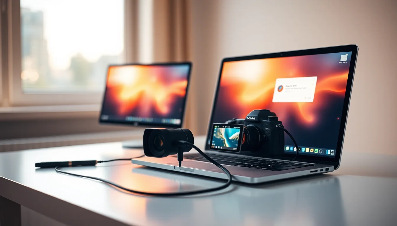 A digital camera connected via USB cable to a Windows laptop on a clean desk, camera not detected error on screen