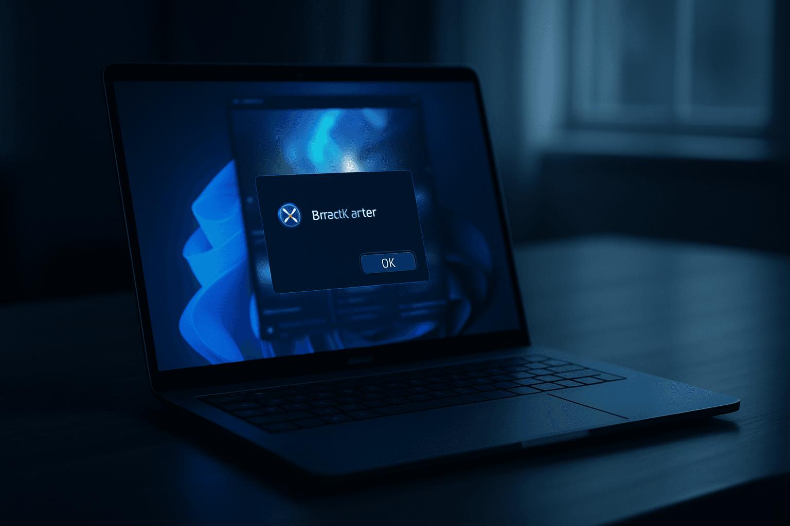 Windows 11 laptop on a desk displaying DirectX error message with red notification, cool blue screen lighting, tense frustrated atmosphere