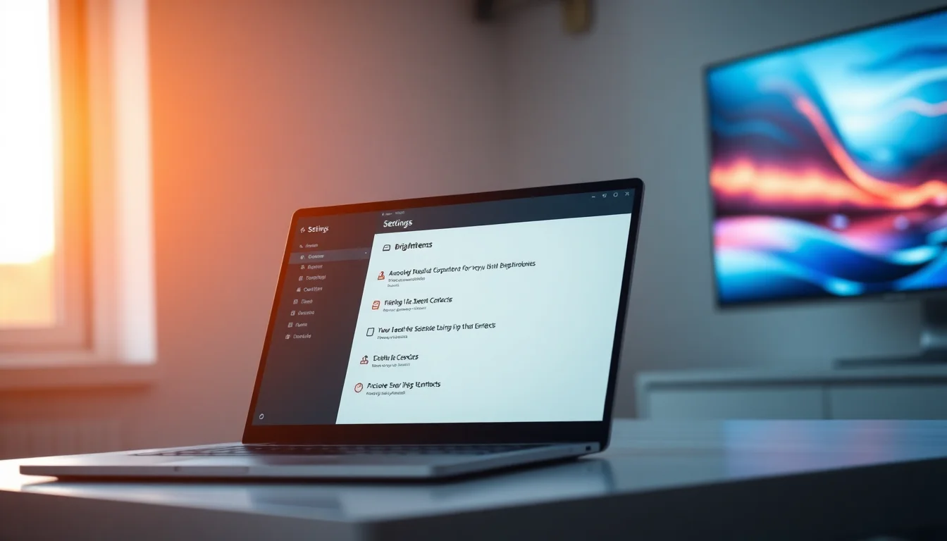 Windows 11 laptop on modern desk showing brightness settings panel with adaptive brightness toggle highlighted, soft natural window lighting from side, professional focused atmosphere