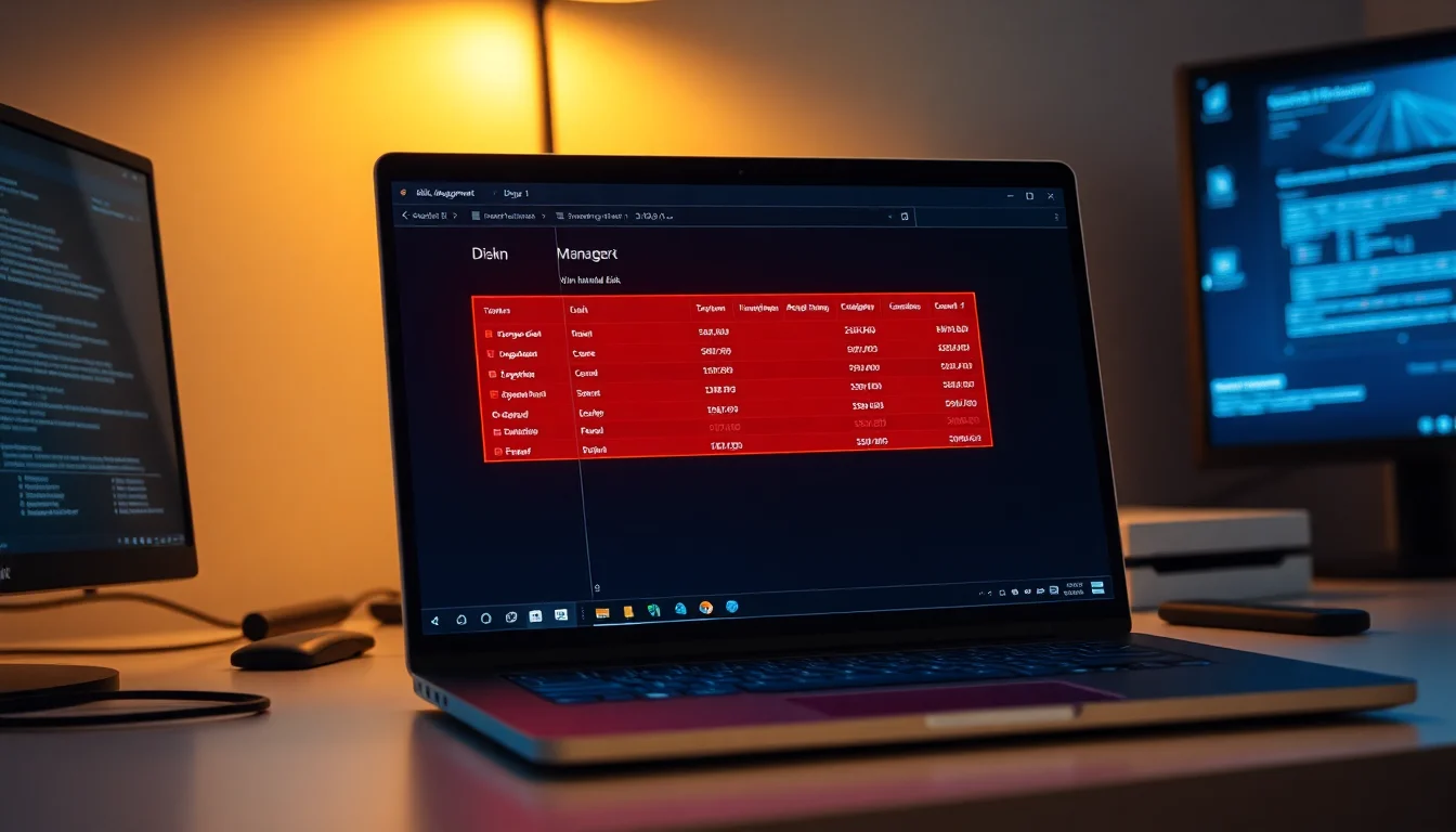 Windows 11 Disk Management window showing an unknown uninitialized disk with zero bytes capacity on a modern office desk with soft overhead lighting