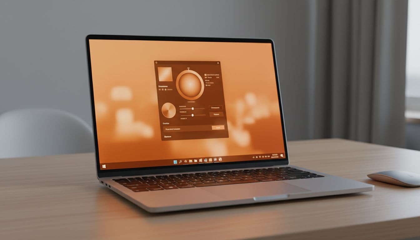 Windows 11 laptop on a modern desk showing colour management settings panel with incorrect warm tinted display output