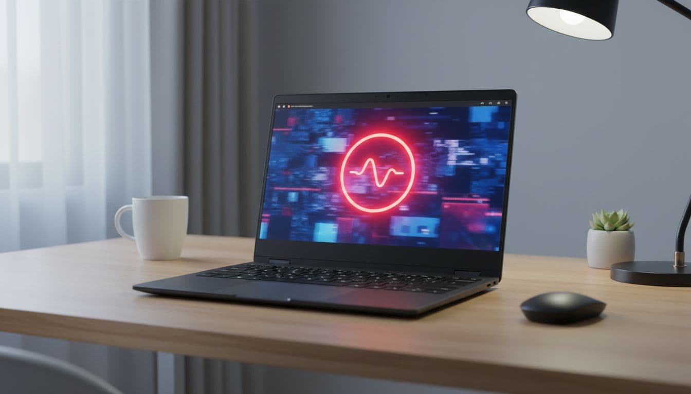 A Windows laptop on a home office desk showing a browser DNS address not found error page with a red warning indicator