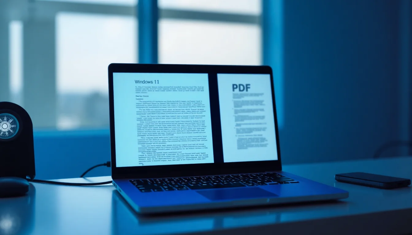 A Windows laptop on a dark desk showing a DOCX file and a broken PDF side by side with misaligned text and shifted tables