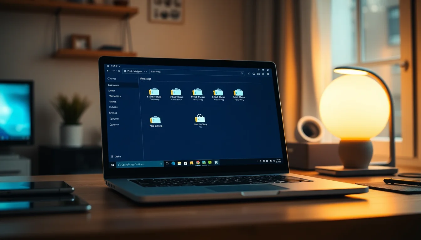 Windows laptop on a desk showing OneDrive and iCloud folder icons in File Explorer with cloud sync status icons visible
