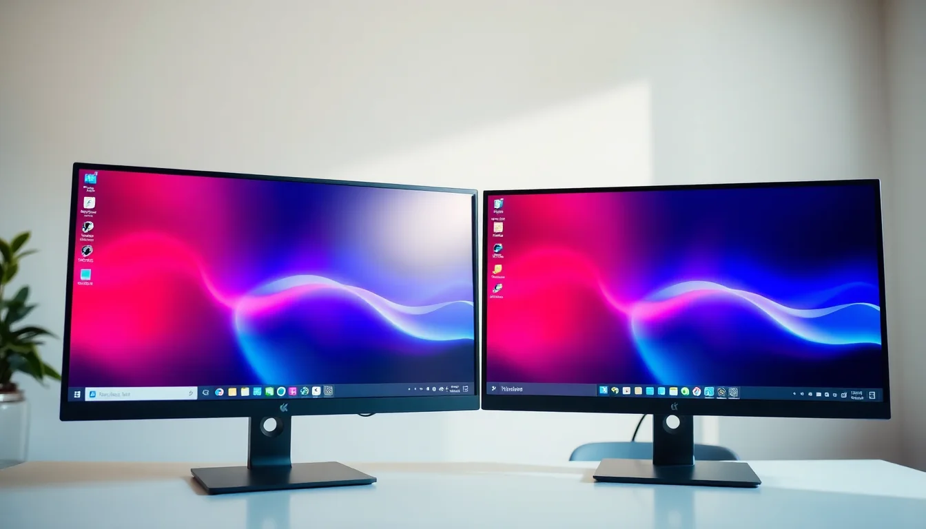Two desktop monitors on a workspace showing identical duplicate screens, one displaying Windows desktop with taskbar, modern office desk setup with keyboard and mouse visible