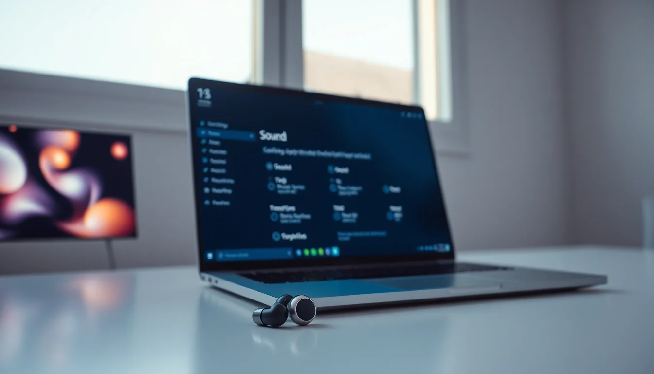 Wireless earbuds sitting next to a Windows 11 laptop on a clean desk with sound settings open on screen