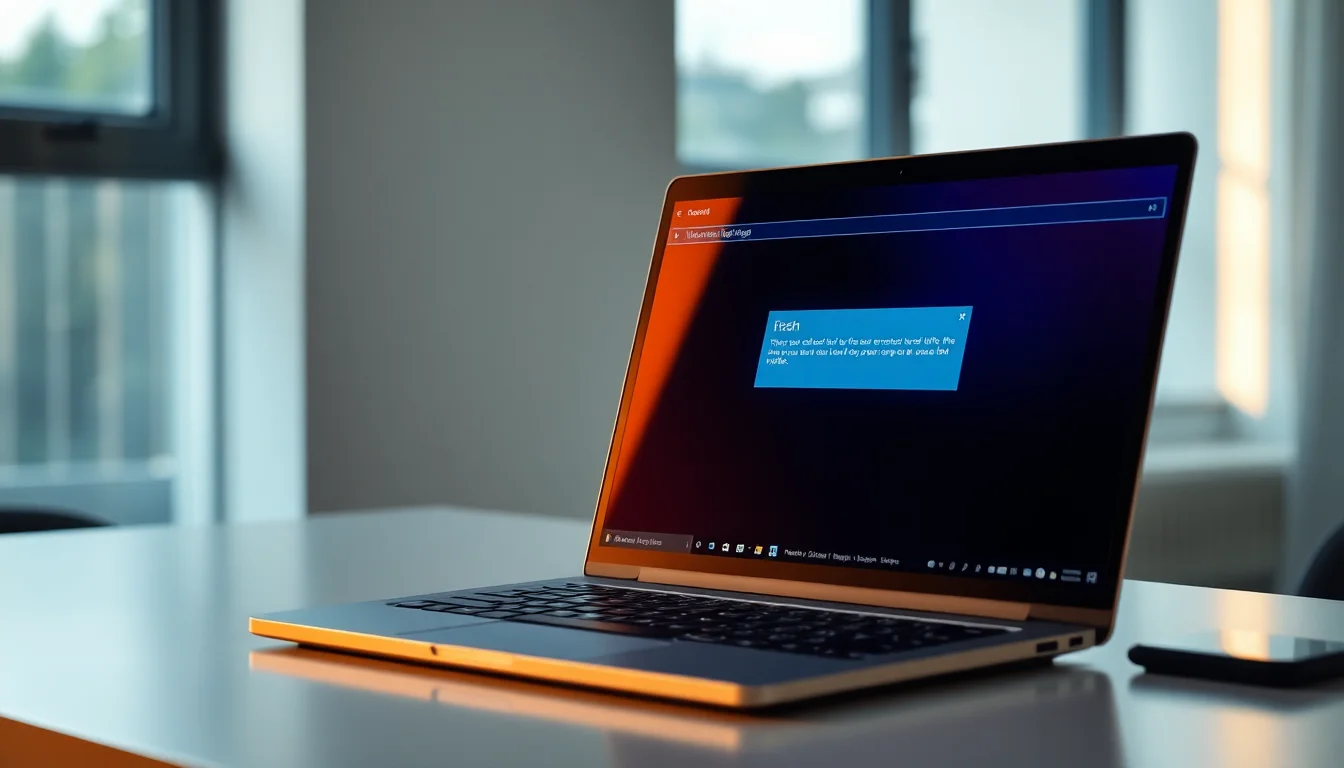 Windows 10 laptop on a desk displaying Microsoft Edge browser with crash error notification, warm afternoon light from side window, professional workspace atmosphere