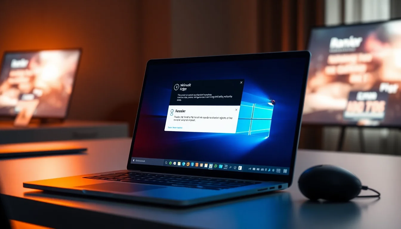 Microsoft Edge browser window on Windows desktop displaying crash error, with system notification popup, warm desk lighting, technical diagnostic mood