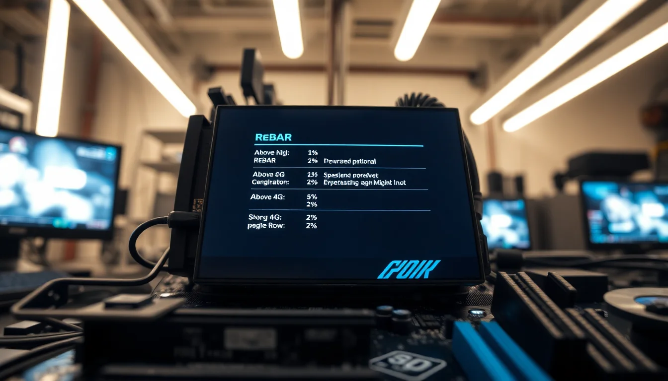 Modern gaming PC motherboard interior showing BIOS firmware screen with Resizable BAR and Above 4G Decoding settings highlighted in UEFI menu, professional LED lighting, technical focused atmosphere