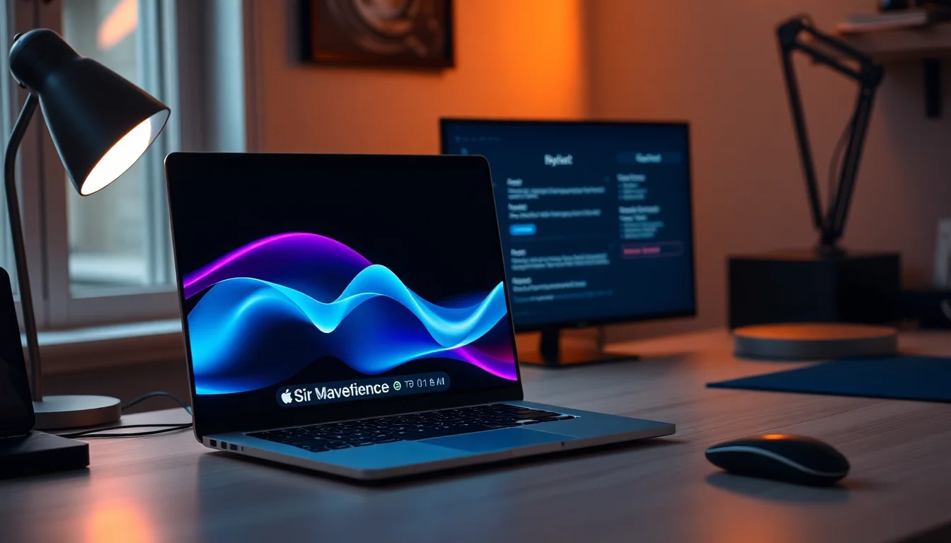 MacBook Pro on a clean desk showing Siri waveform animation on screen with Apple Intelligence settings panel open in System Settings