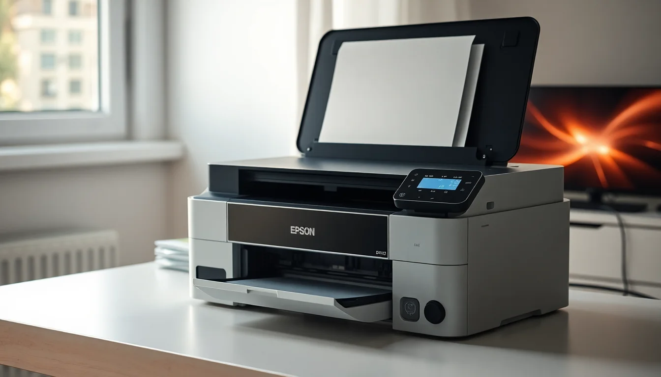 Epson inkjet printer on a white desk displaying error code 0x9D on screen, with an open access panel showing the paper path, clean professional office lighting